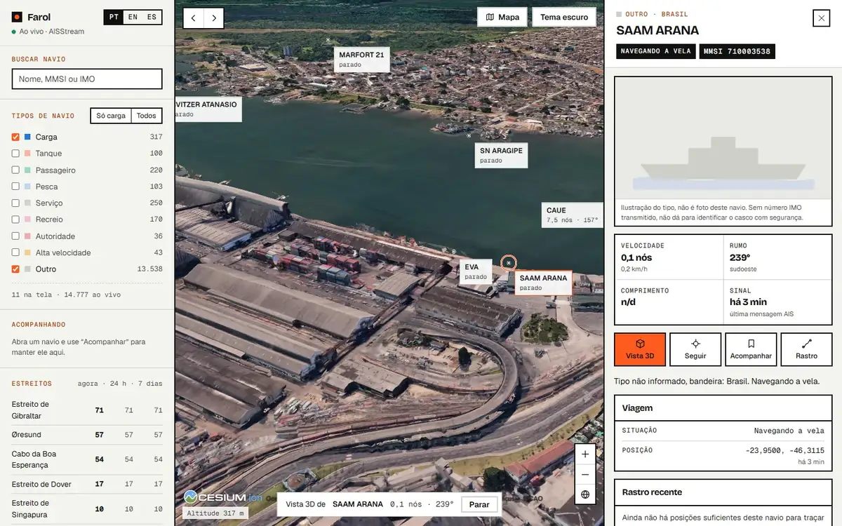 Farol: navios ao vivo no porto de Santos, em 3D